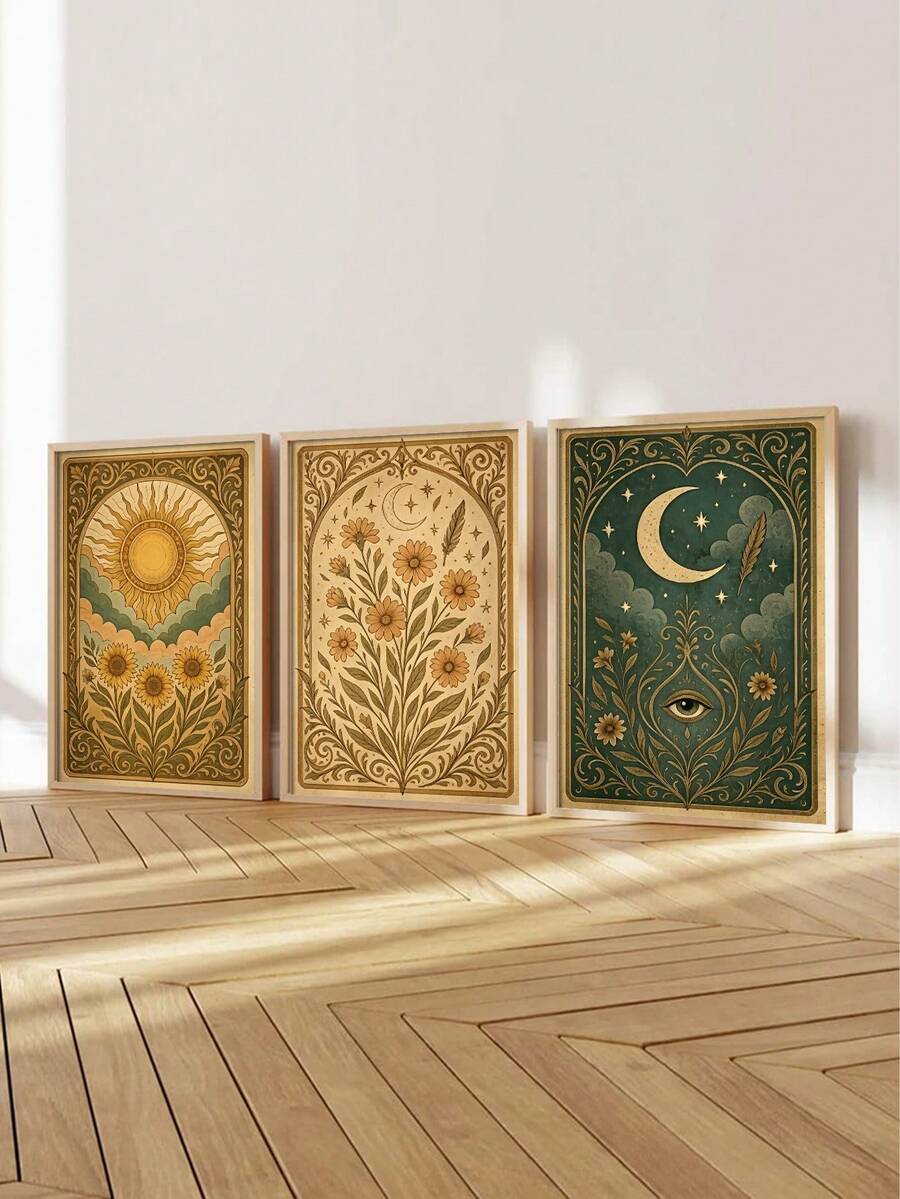 Floor display of three sun moon and botanical canvas prints in natural wood frames