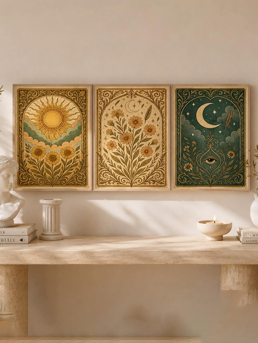 Floor display of three sun moon and botanical canvas prints in natural wood frames