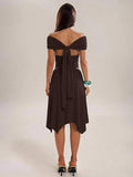 Coffee brown ruched crop top and flared skirt with trailing sash