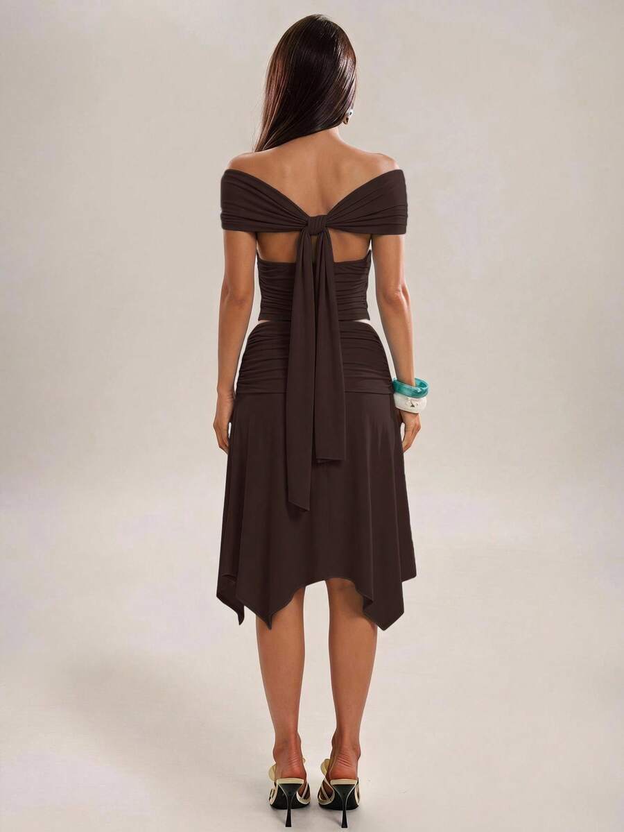Coffee brown ruched crop top and flared skirt with trailing sash