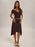 Coffee brown off shoulder two-piece crop top and midi skirt set