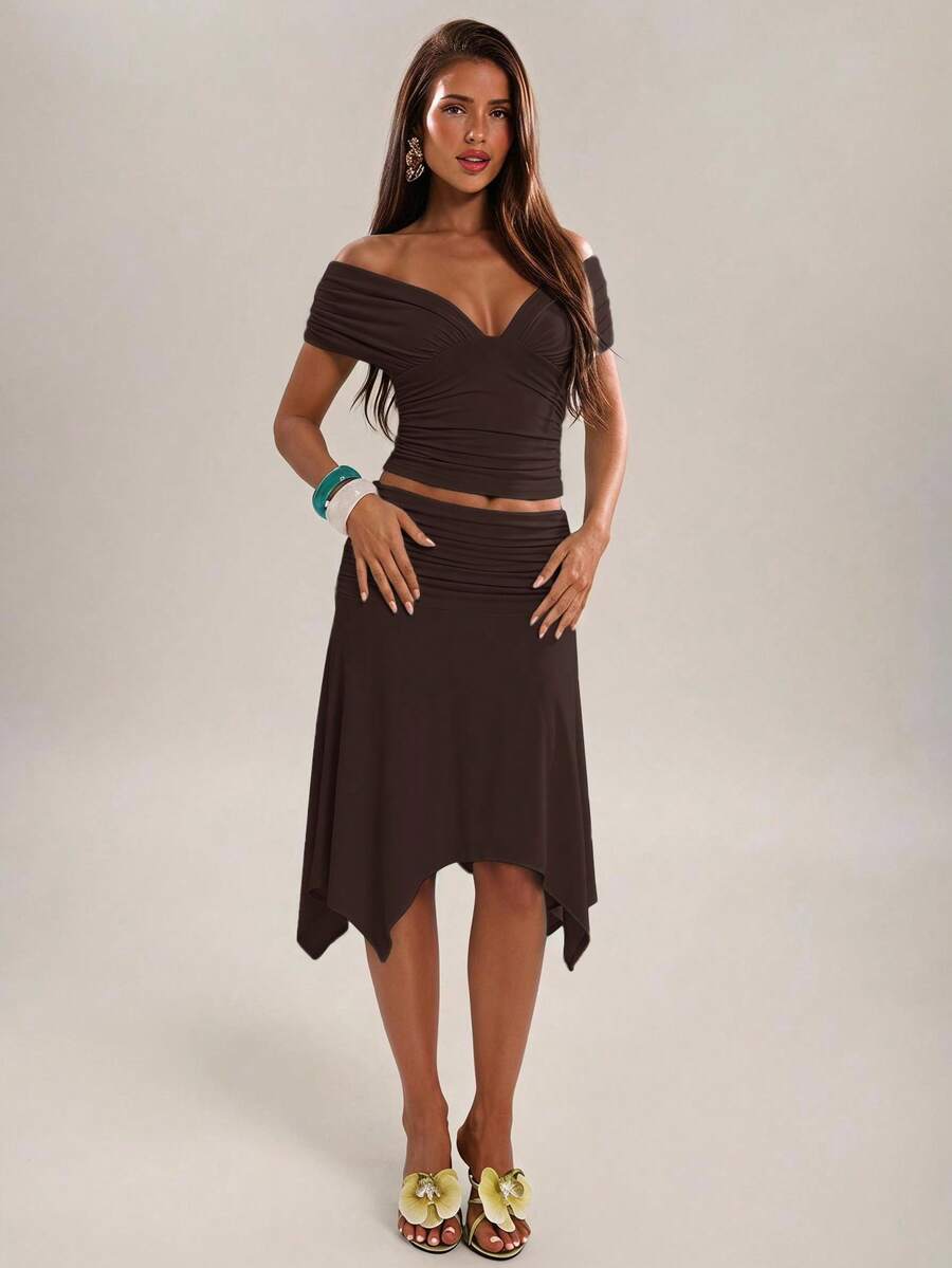 Coffee brown off shoulder two-piece crop top and midi skirt set