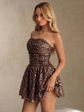 Pink strapless sequin mini dress with defined waist