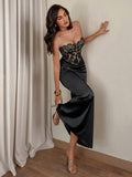 Front view of black strapless lace corset satin mermaid maxi evening dress