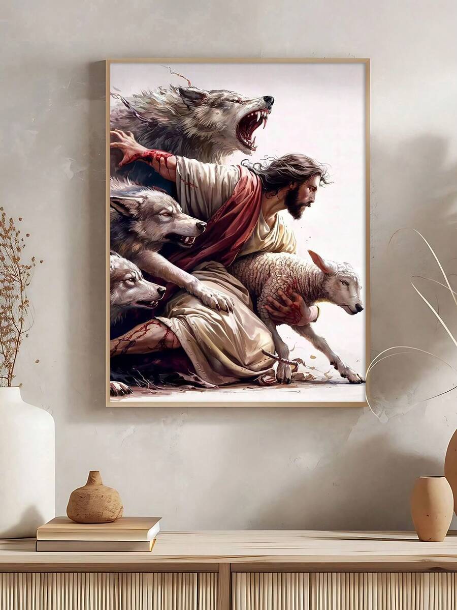 Framed golden Good Shepherd canvas showing Jesus holding a white lamb among three snarling gray wolves, displayed on a console.