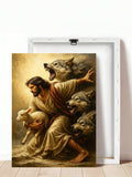 Canvas construction view showing the Good Shepherd artwork beside its white backing frame with rear support visible.