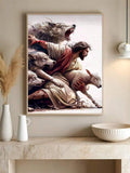 Framed lighter Good Shepherd print showing Jesus carrying a lamb surrounded by wolves above a pale mantel.