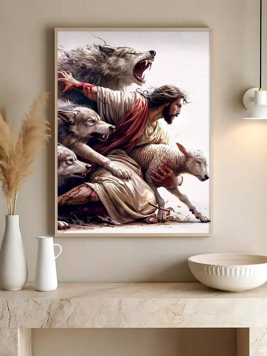 Framed lighter Good Shepherd print showing Jesus carrying a lamb surrounded by wolves above a pale mantel.