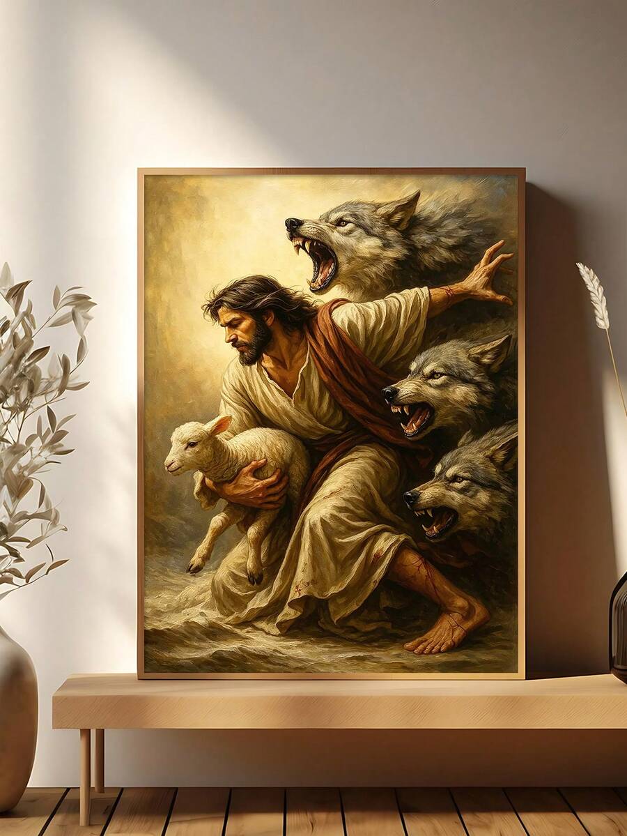 Warm golden canvas wall art showing Jesus carrying a lamb among wolves in a light wood frame on a home console.