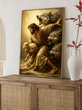 Angled view of gold-toned Good Shepherd canvas art with Jesus, a lamb, and wolves leaning on a wooden cabinet.