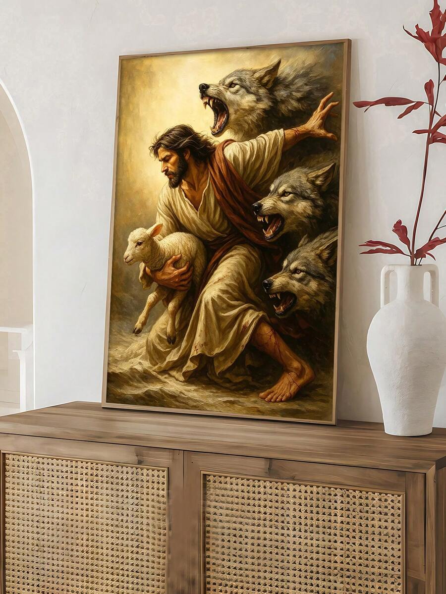 Angled view of gold-toned Good Shepherd canvas art with Jesus, a lamb, and wolves leaning on a wooden cabinet.