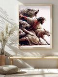 Bright room display of framed Jesus and lamb canvas art with wolves above a wood bench beside dried grasses.