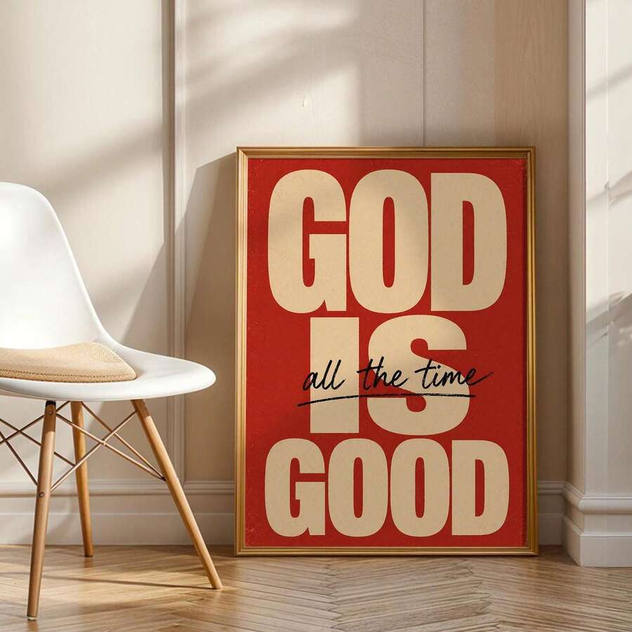 Framed God Is Good vertical canvas print with black script lettering