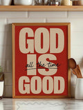 Framed God Is Good Christian canvas wall art in a kitchen setting