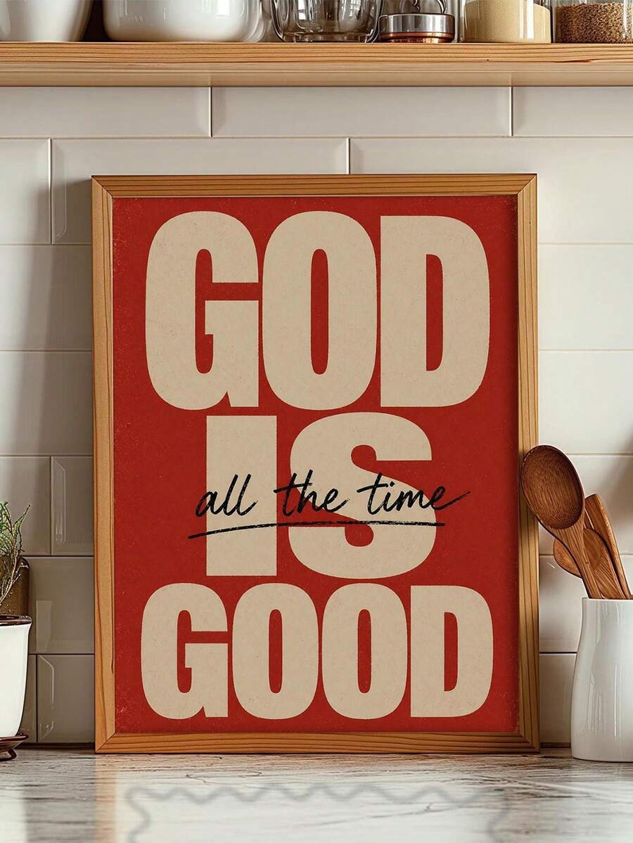 Framed God Is Good Christian canvas wall art in a kitchen setting