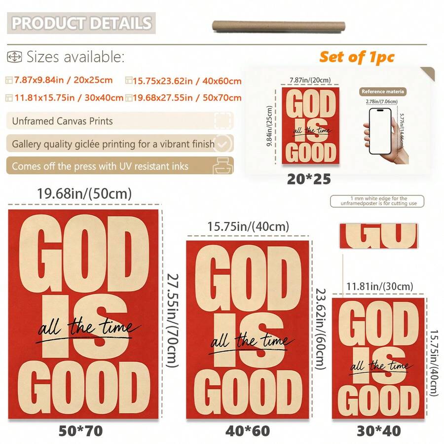 Size chart for God Is Good unframed canvas wall art