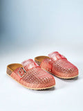 Product pair of translucent pink buckle clog mules