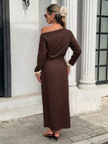Back view of brown long-sleeve fitted maxi dress