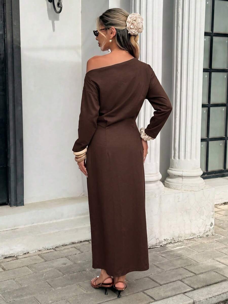 Back view of brown long-sleeve fitted maxi dress