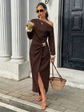 Side view of brown asymmetrical off-shoulder wrap dress