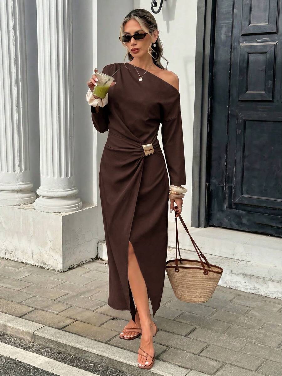 Side view of brown asymmetrical off-shoulder wrap dress