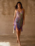 Full front view of purple crochet swim cover-up with slim straps, sequins, and fringed mini hem