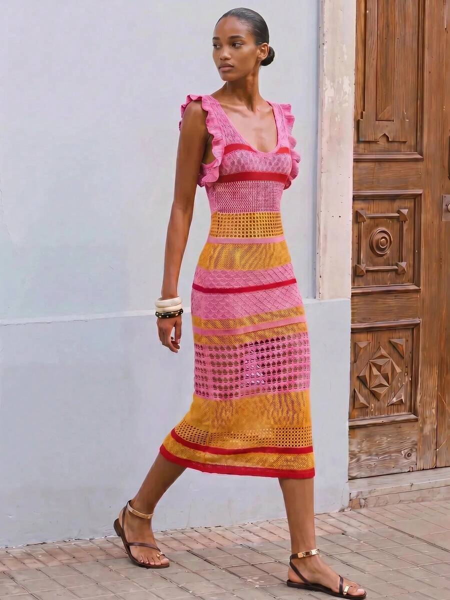 Women's Colorblock Ruffle V-Neck Sweater Dress - Perfect for Summer Beach Vacations 