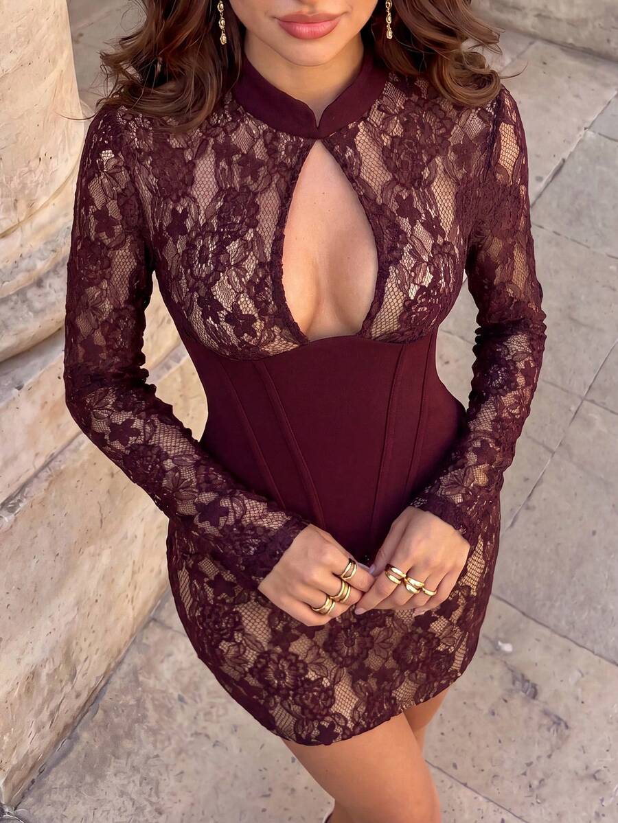 Burgundy floral lace party dress with opaque lined bodice