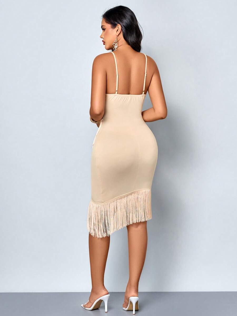 Front full-length view of beige V-neck fringe bodycon dress for cocktail parties