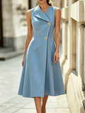 Full front view of powder blue sleeveless blazer dress with fitted waist and flared midi skirt
