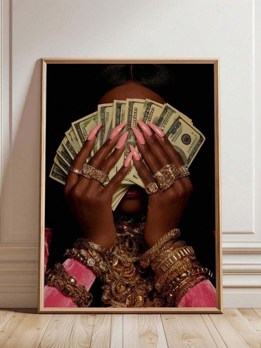 Color portrait of woman holding U.S. dollar bills with pink sleeves and gold jewelry