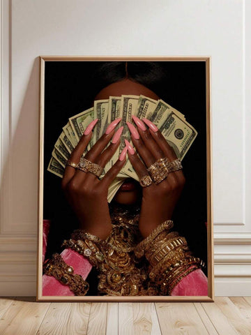 Color portrait of woman holding U.S. dollar bills with pink sleeves and gold jewelry