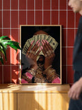 Money-themed glam canvas artwork displayed in a modern interior