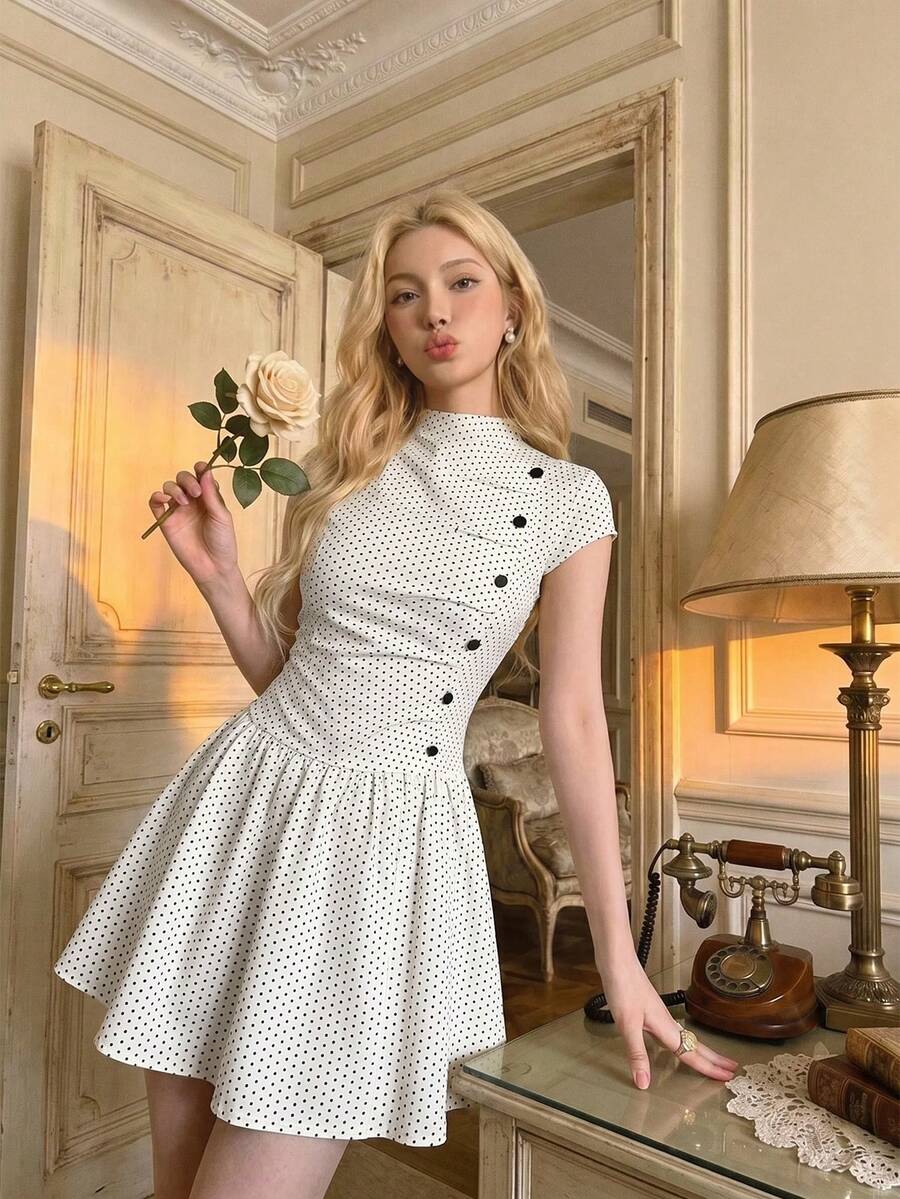 Model outdoors in ivory black polka dot mini dress with mock neck and flared skirt