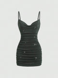 Burgundy mini dress with optional layered gold-tone chain detail