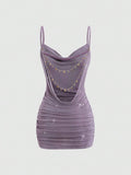 Apricot spaghetti-strap mini dress with draped neckline