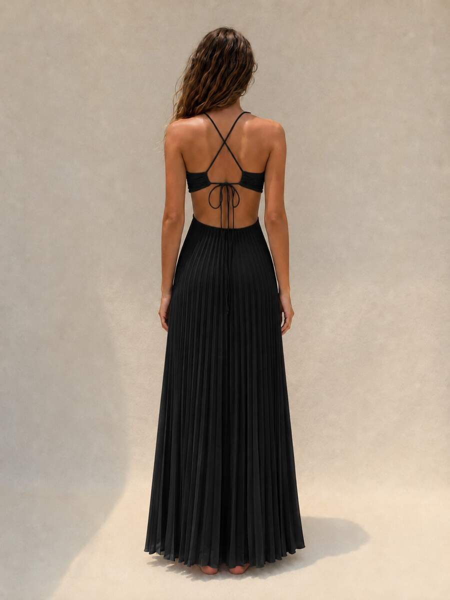 Orange pleated open-back maxi dress with crossed straps, rear view