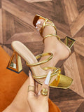 Worn Gold square open-toe mule with tubular crossed straps