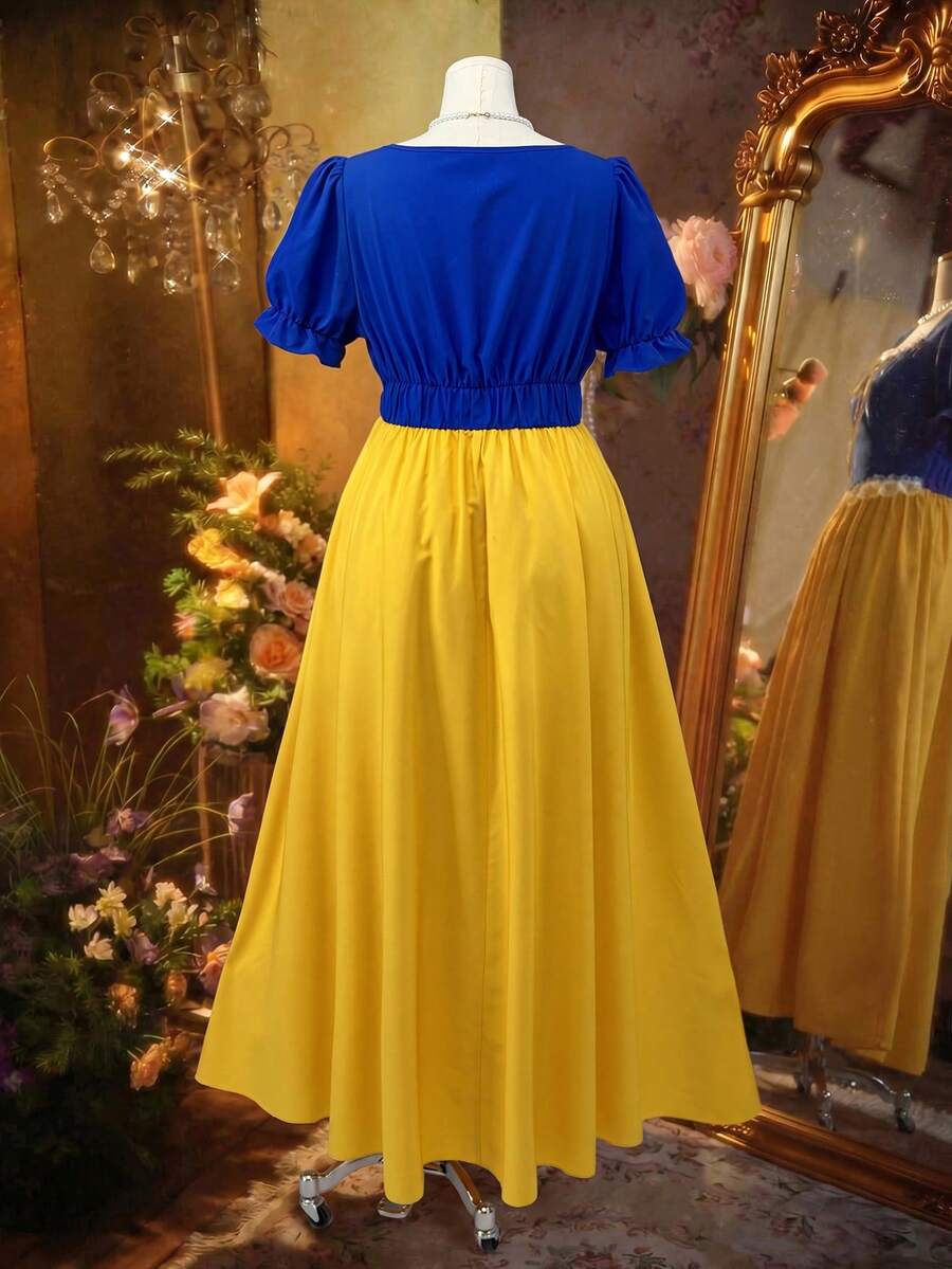 Full front view of blue and yellow princess maxi dress with puff sleeves and red bows