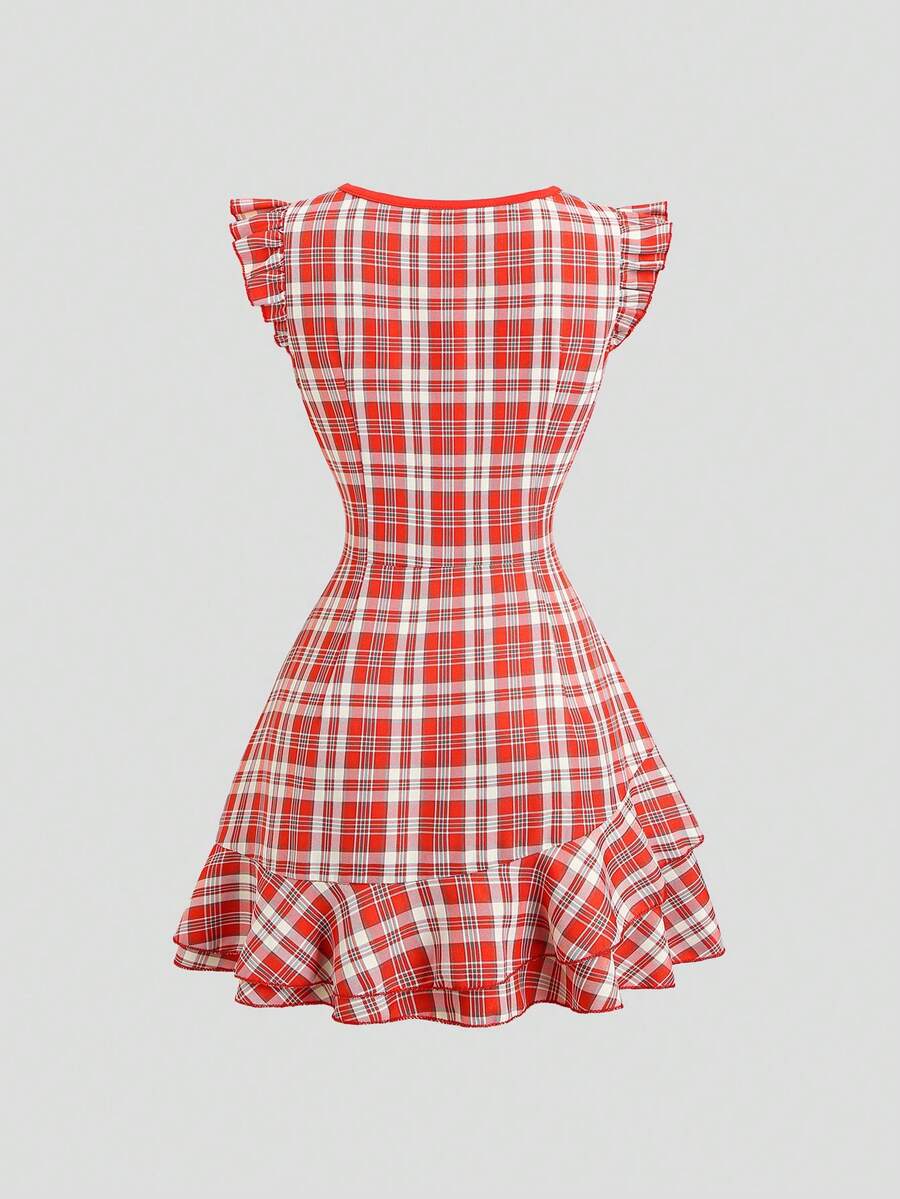 Front view of red white black plaid flutter sleeve mini dress