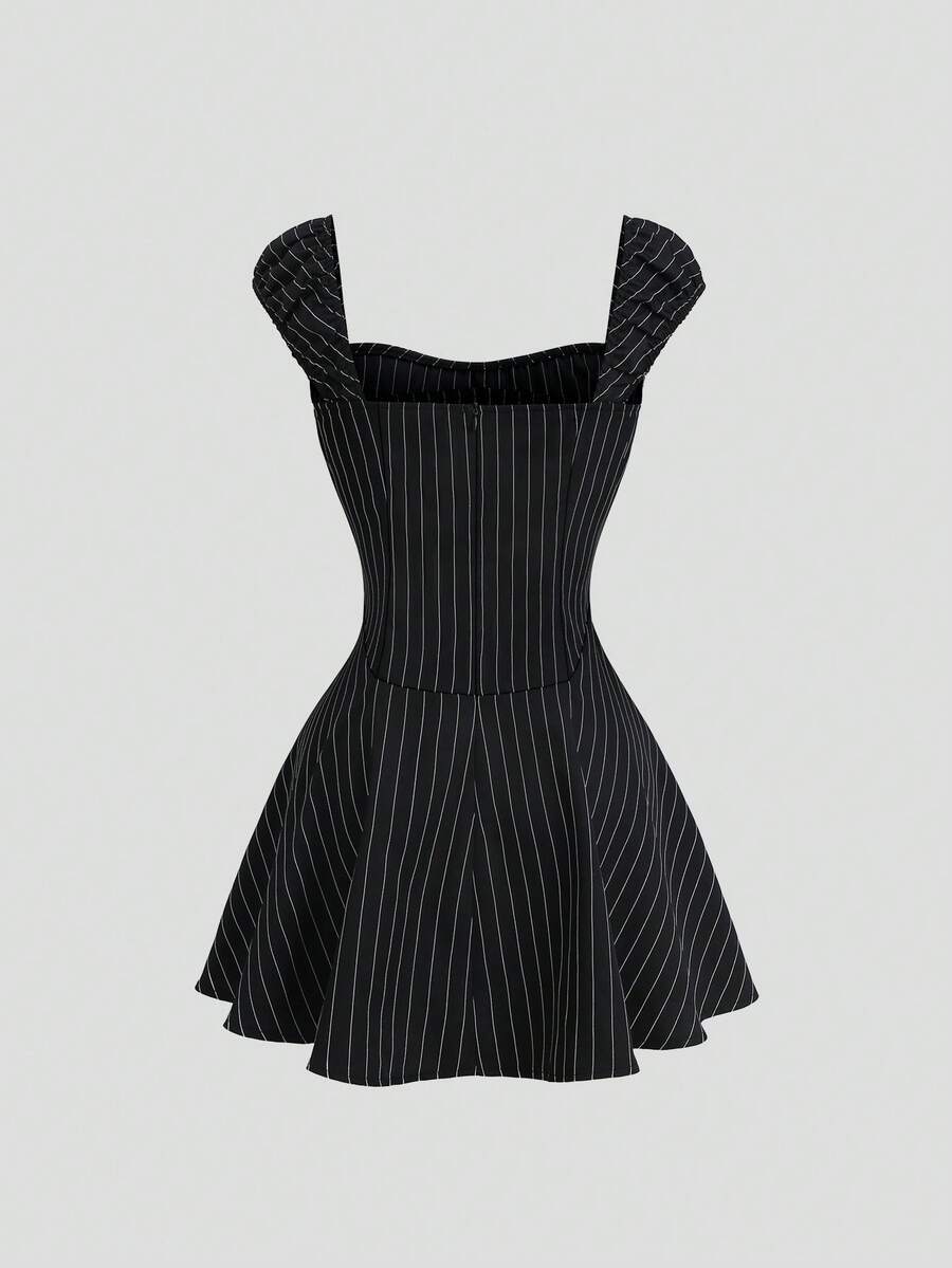 Black and white striped A-line mini dress with square neckline