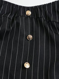 White pinstripe dress with gold-tone button front