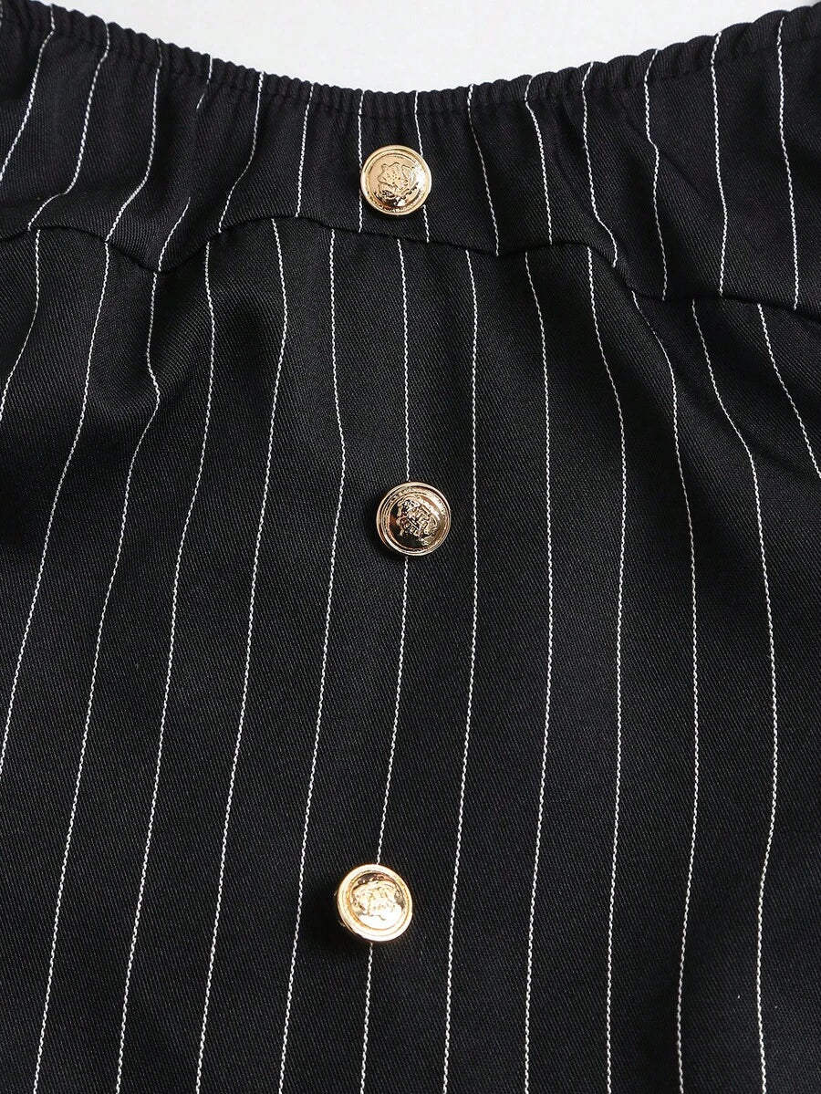 White pinstripe dress with gold-tone button front