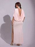 Blush pink formal maxi dress with batwing sleeves and fitted ruched skirt