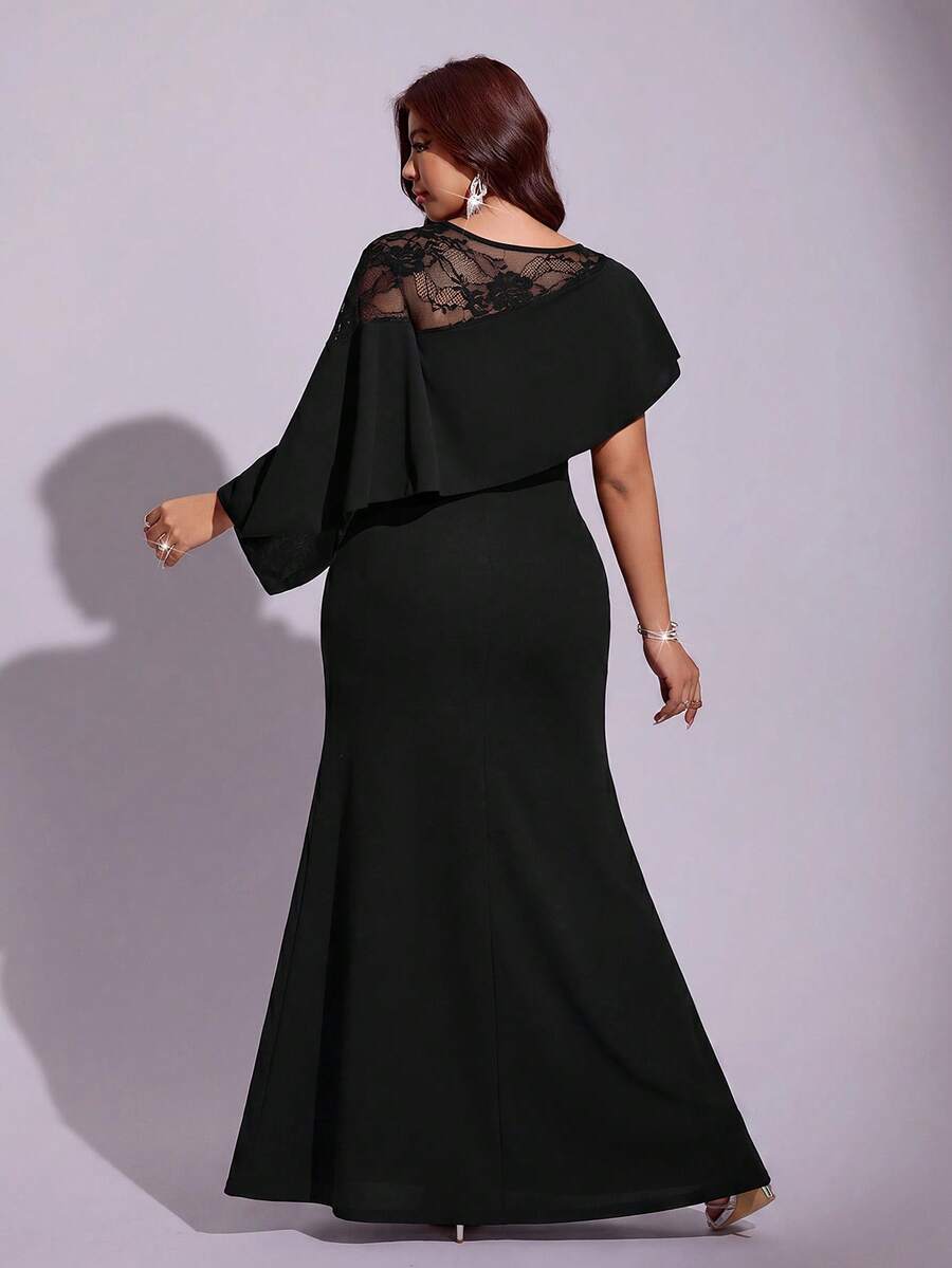 Shop a plus size black lace A-line dress with patchwork and a ruffle cape. Perfect for summer parties, weddings, dinners, cocktails, and special occasions.