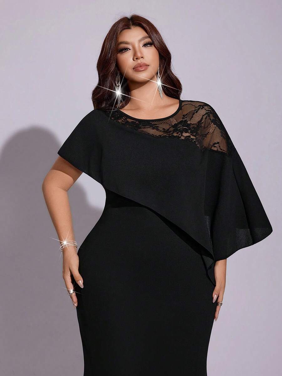 Shop a plus size black lace A-line dress with patchwork and a ruffle cape. Perfect for summer parties, weddings, dinners, cocktails, and special occasions.