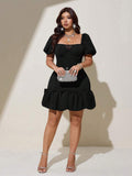 Open square back of black corset mini dress with puff sleeves