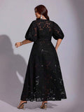 Black floral puff-sleeve fit-and-flare long dress with button-front bodice