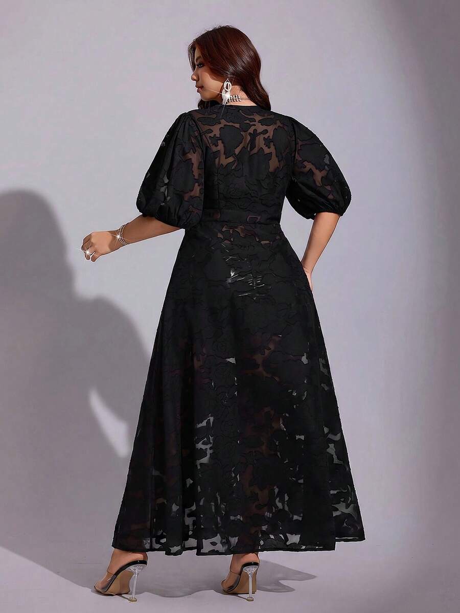 Black floral puff-sleeve fit-and-flare long dress with button-front bodice