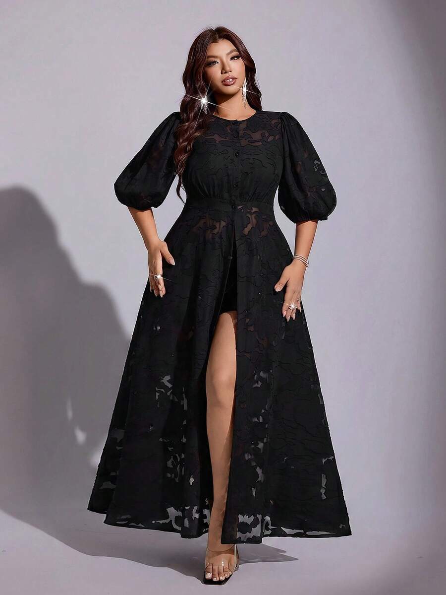 Back view of black floral devoré puff-sleeve maxi dress